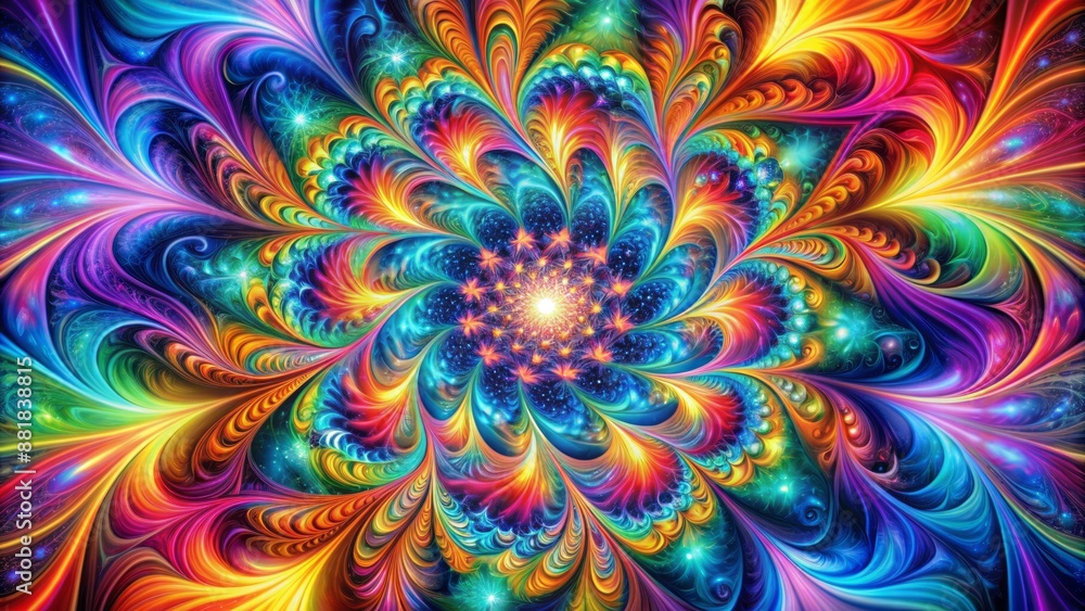 Fototapeta premium Vibrant, iridescent smoke explosion against a pristine white background, showcasing mesmerizing, abstract, swirling patterns and kaleidoscopic colors in high contrast.