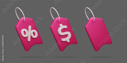 Set of different pink 3D price tags isolated on dark background. Dollar price tag, discount percent label and empty gift tag 3D vector illustration. Special price offer, summer sale, online shopping.