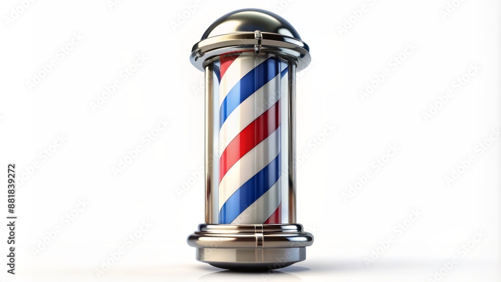 Classic, iconic, rotating cylinder lights illuminated, colorful, swirling, striped, vintage barber pole design isolated on a clean white background Classic, iconic, rotating cylinder lights illuminated, colorful, swirling, striped, vintage barber pole design isolated on a clean white background