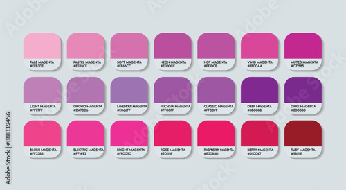 Magenta Color Palette, Magenta Color Guide Palette with Color Names. Catalog Samples of Pink with RGB HEX codes and Names. Magenta Colors Palette Vector, Plastic Paint Pink Color Palette Vector tones