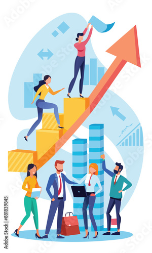 Business Team Collaborating to Build Company Growth Graph with Rising Arrow, Developing Successful Strategy Concept