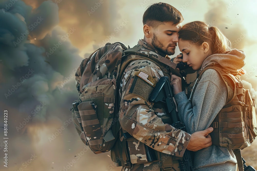 A soldier putting down his rifle and embracing his family, symbolizing the end of conflict and the return to peace, with a background transitioning from a warzone to home. Concept of War and Peace A soldier putting down his rifle and embracing his family, symbolizing the end of conflict and the return to peace, with a background transitioning from a warzone to home. Concept of War and Peace
