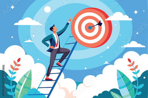 Businessman Climbing Ladder High into Cloud Sky, Reaching for Dartboard Goal of Success and Achievement