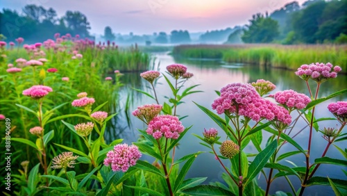 Vibrant pink Swamp Milkweed Wildflower blooms amidst delicate green foliage in a serene and humid wetland environment. photo