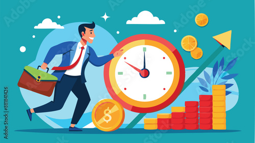 Businessman Investing Time and Pushing Clock for Long-Term Money Growth and Pension Fund