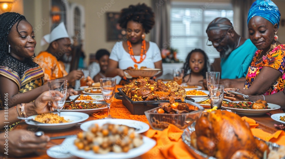 Educator serving food to family members around the dining table Stock Photo with copy space Educator serving food to family members around the dining table Stock Photo with copy space