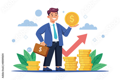 Businessman investor holding high stack of dollar coins, representing compound interest, profitable investments, and economic growth and prosperity