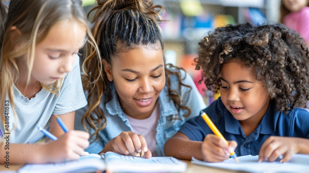 Family dinner featuring an educator helping kids with their homework Stock Photo with copy space Family dinner featuring an educator helping kids with their homework Stock Photo with copy space