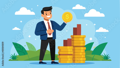 Businessman investor holding high stack of dollar coins, representing compound interest, profitable investments, and economic growth and prosperity