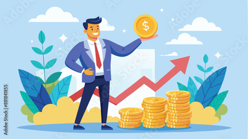 Businessman investor holding high stack of dollar coins, representing compound interest, profitable investments, and economic growth and prosperity
