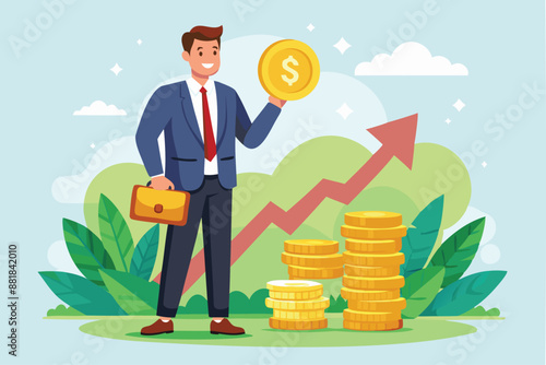 Businessman investor holding high stack of dollar coins, representing compound interest, profitable investments, and economic growth and prosperity