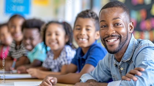 Family gathered around the table with an educator sharing exciting news Stock Photo with copy space