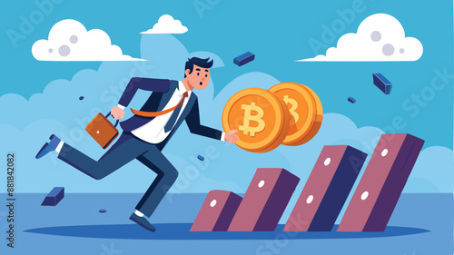 Businessman Investor Running Away from Collapsing Bitcoin Domino, Escaping Cryptocurrency Investment Risk and Losses