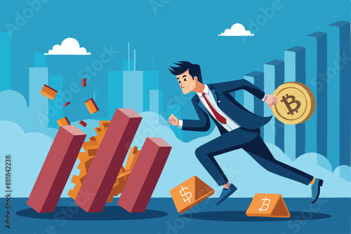 Businessman Investor Running Away from Collapsing Bitcoin Domino, Escaping Cryptocurrency Investment Risk and Losses