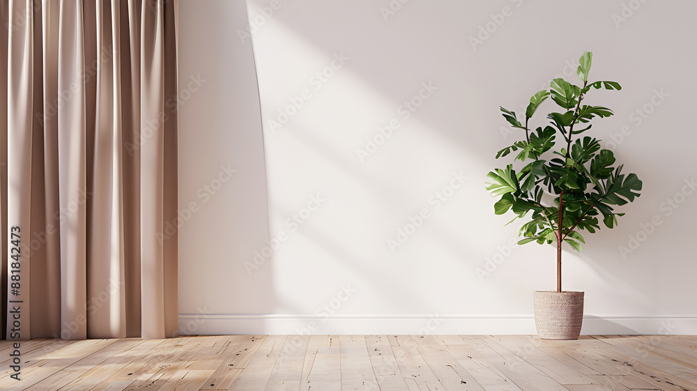 Plant Mockup Against a White Wall with Brown Curtain and Wooden Floor Plant Mockup Against a White Wall with Brown Curtain and Wooden Floor