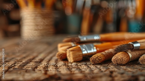 This image shows a close-up of different sized paintbrushes laid out on a rustic wooden table, capturing the essence of artistic tools in a studio setting.