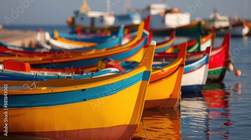 Wallpaper Mural Rows of vibrant boats with bright colors coexist peacefully in a calm marina, reflecting beautifully against the tranquil water, epitomizing a serene coastal environment. Torontodigital.ca