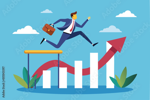 Businessman Jumping from Trampoline to Top of Growing Bar Graph, Recovering from Economic Crisis