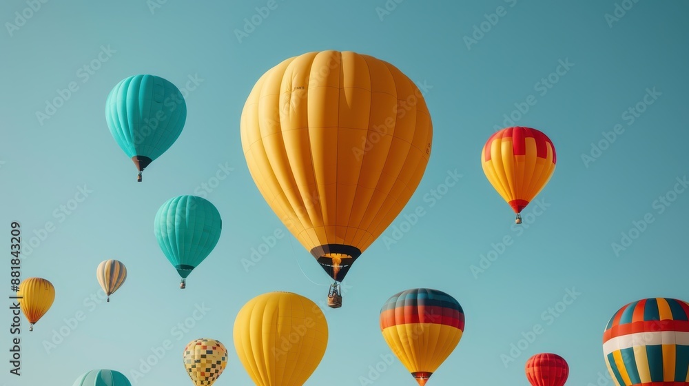 Obraz premium The image features a multitude of vibrant hot air balloons soaring against a bright blue sky, creating a lively and festive atmosphere with their diversity and color.