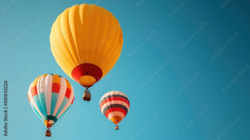 Obraz premium The image displays three colorful hot air balloons gracefully floating against a clear blue sky, highlighting their vibrant colors and peaceful atmosphere.