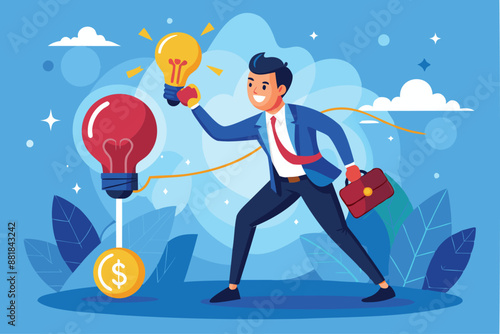 Businessman Pitching Innovative Idea to Win Business Competition, Holding Glowing Lightbulb and Boxing Glove Punching Globe