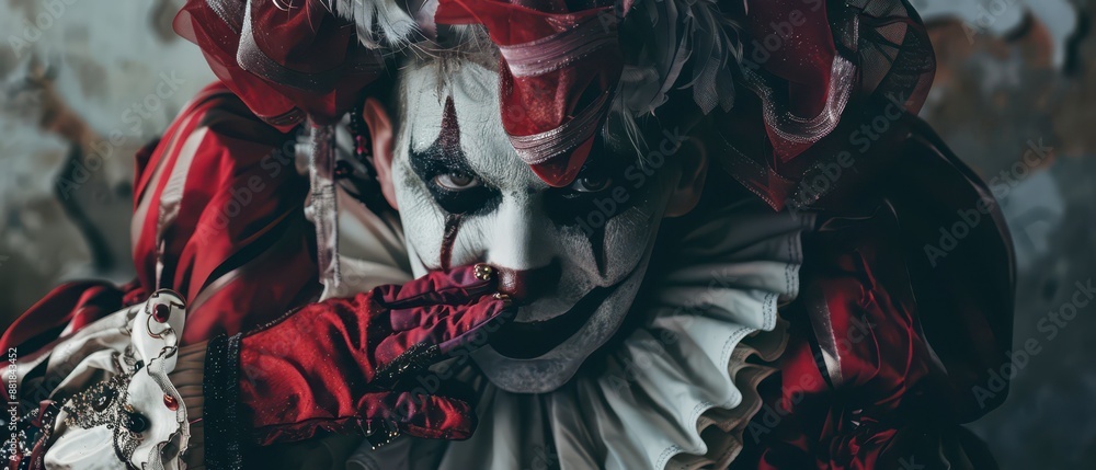 Obraz premium A Creepy Clown With Red Makeup and Ruffled Collar