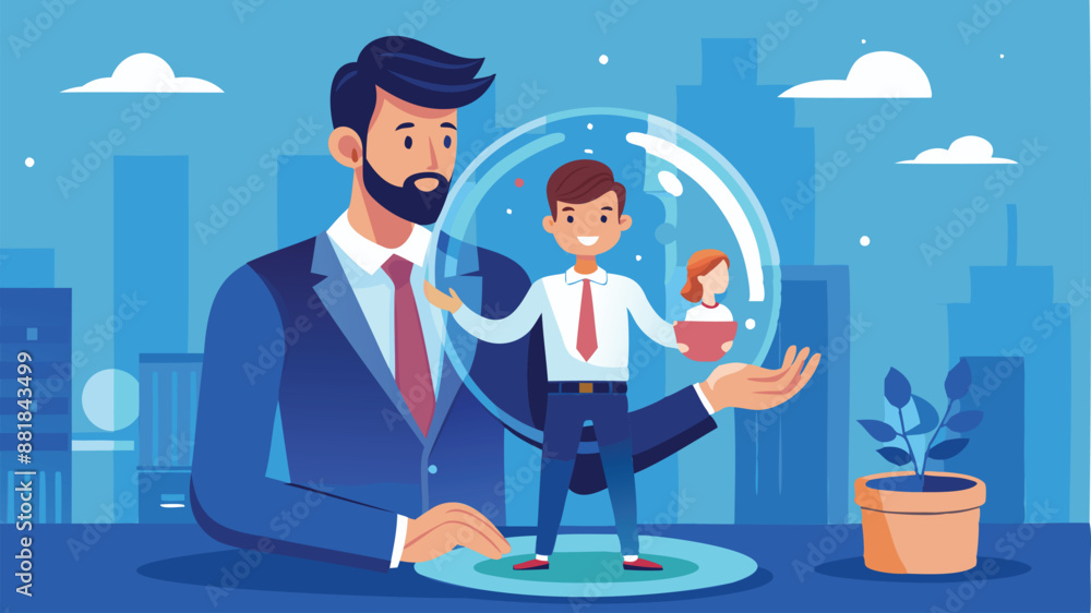Businessman Retaining Employee in Glass as Symbol of Talent Management and Reducing Churn Rate Businessman Retaining Employee in Glass as Symbol of Talent Management and Reducing Churn Rate