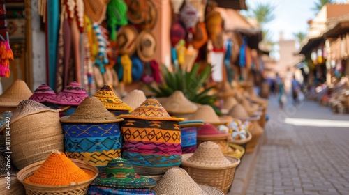 A vibrant market scene showcasing intricately woven hats and baskets with colorful patterns, reflecting cultural artistry and traditional craftsmanship. Perfect for travel features.