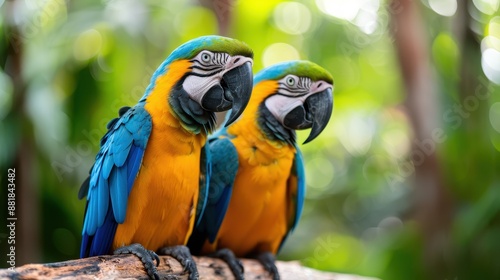 Two vivid blue and yellow parrots perch together on a tree branch with blurred green foliage in the background, showcasing their vibrant feathers and serene stance.