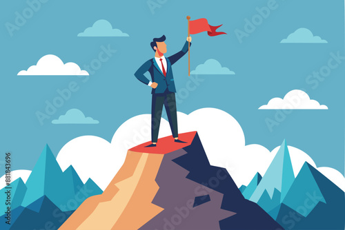 Businessman Standing Victorious with Flag on Mountain Peak, Business Goal Achievement and Success Concept