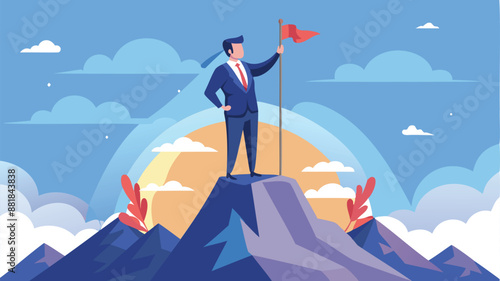 Businessman Standing Victorious with Flag on Mountain Peak, Business Goal Achievement and Success Concept