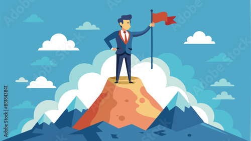Businessman Standing Victorious with Flag on Mountain Peak, Business Goal Achievement and Success Concept