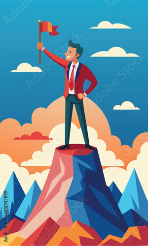 Businessman Standing Victorious with Flag on Mountain Peak, Business Goal Achievement and Success Concept