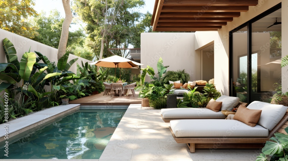 Obraz premium A serene outdoor area featuring a cozy poolside setup, with reclining loungers, vibrant green plants, and a dining space under an umbrella, offering a luxurious and tranquil atmosphere.