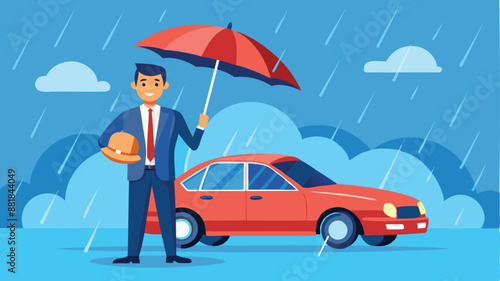 Businessman Standing with New Car Under Strong Umbrella Protection Shield for Insurance and Accident Safety