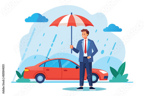 Businessman Standing with New Car Under Strong Umbrella Protection Shield for Insurance and Accident Safety