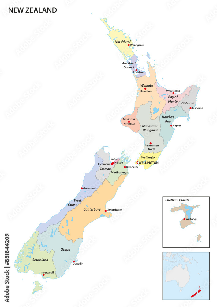 Administrative vector map of New Zealand