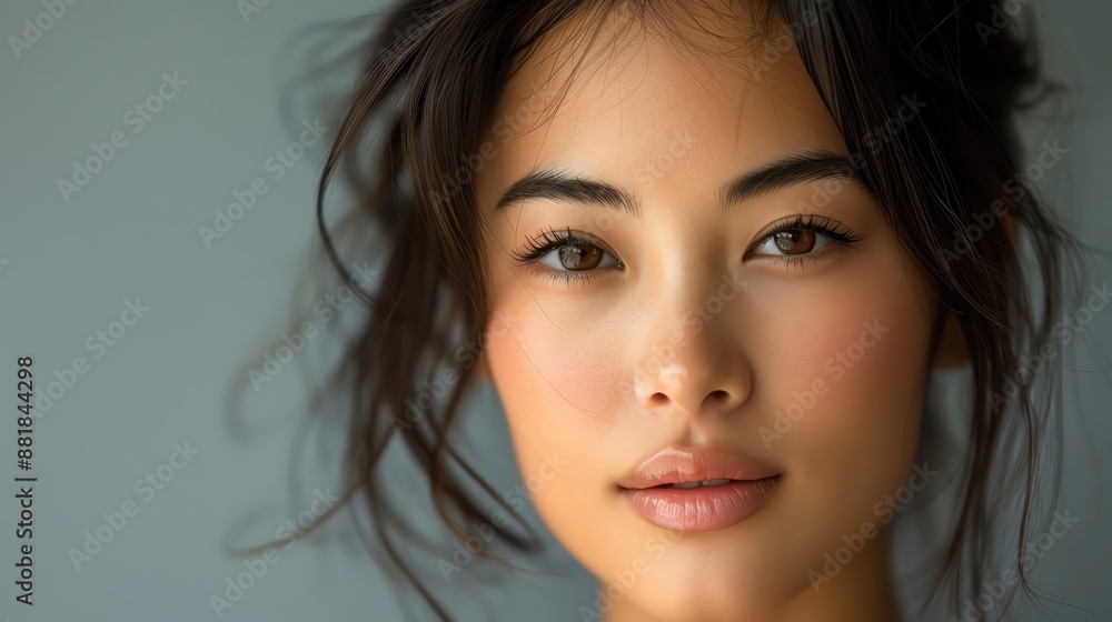 Create a close-up of a beautiful Asian model with clear, clean skin, looking directly at the camera with a soft smile. Create a close-up of a beautiful Asian model with clear, clean skin, looking directly at the camera with a soft smile.