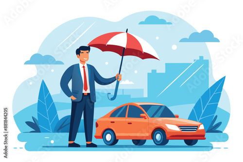 Businessman Standing with New Car Under Strong Umbrella Protection Shield for Insurance and Accident Safety