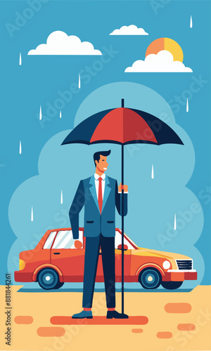 Businessman Standing with New Car Under Strong Umbrella Protection Shield for Insurance and Accident Safety