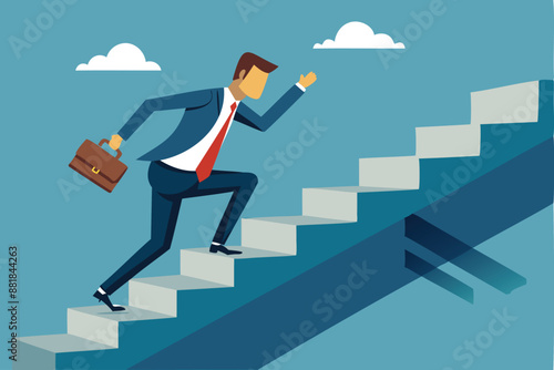 Businessman stumbling down stairs, representing business failure, economic crisis, and career challenges, concept of risks and difficulties in entrepreneurship