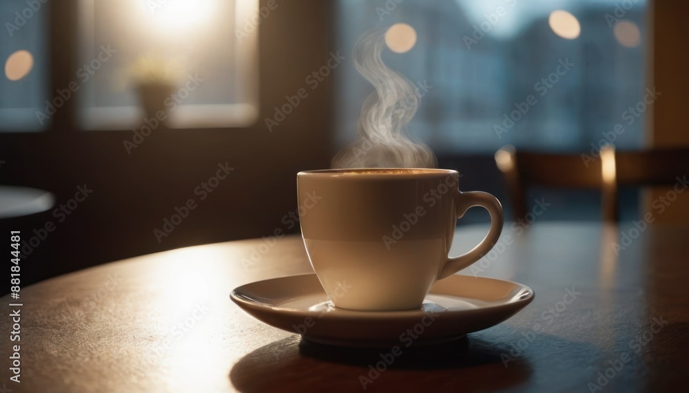 Cafe hot cup of coffee on a saucer on a dark background, casting a thin shadow. Bokeh in the background. Cafe hot cup of coffee on a saucer on a dark background, casting a thin shadow. Bokeh in the background.