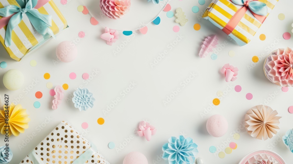 Fototapeta premium Flat lay on a light background with simple childish decorations and empty space in the center.