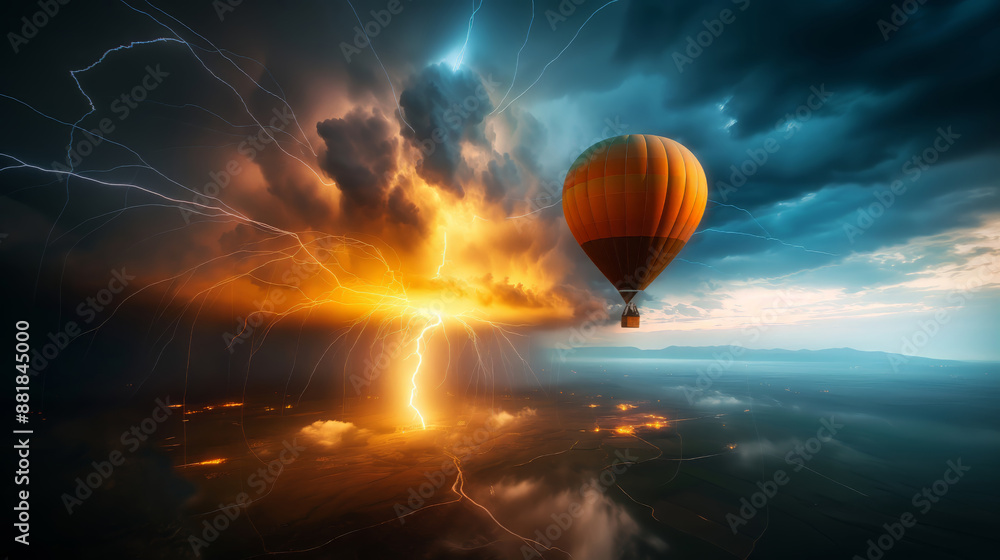 Obraz premium Hot Air Balloon and Lightning Storm