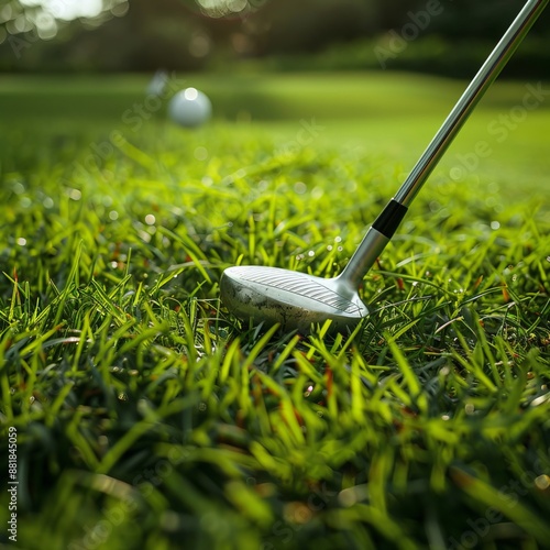 Top view of two men playing golf on a sunny summer day. Aerial view of the green golf course. Hitting the ball with a golf stick. An active type of recreation. Golf car. Generative AI