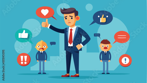 Businessman with Megaphone Spreading Fake News and Negative Feedback, Discrediting Others with Thumbs Down Symbol