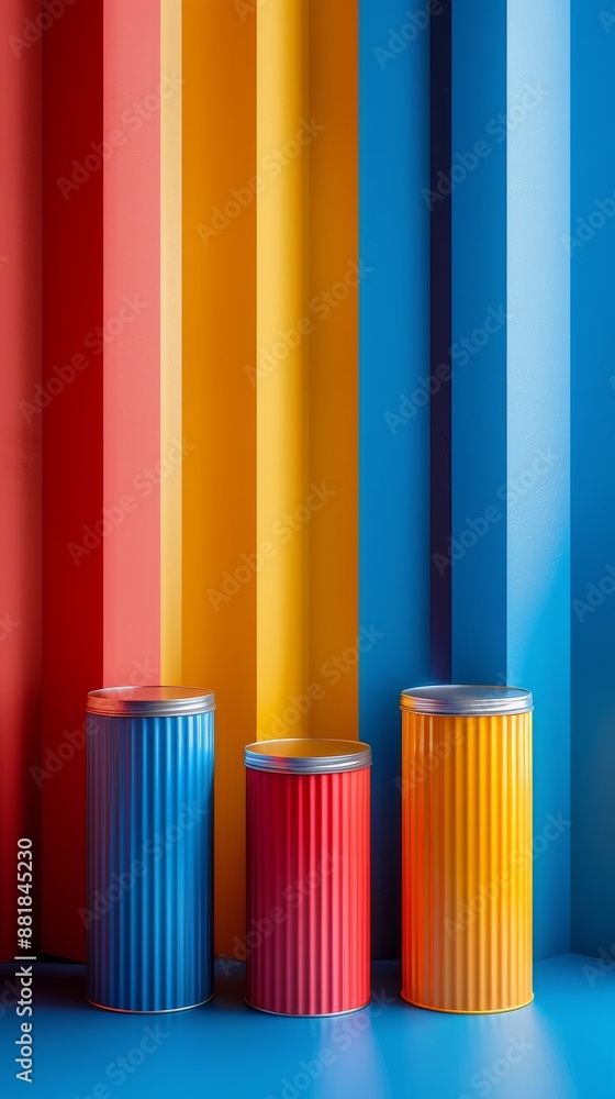 Three cans of different colors are placed on a blue wall