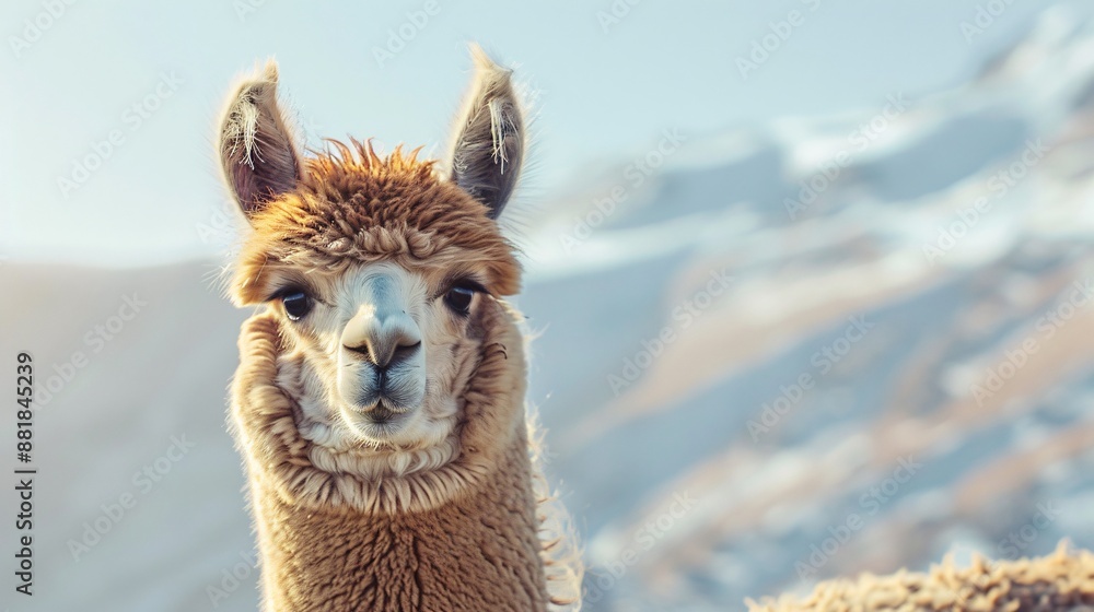 Obraz premium Ultra-sharp and detailed image of a noble alpaca with a soft light blue backdrop, perfect for nature enthusiasts and photographers