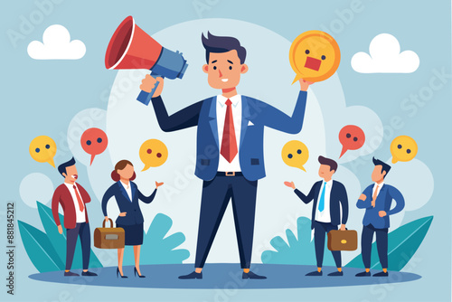 Businessman with Megaphone Spreading Fake News and Negative Feedback, Discrediting Others with Thumbs Down Symbol