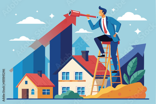 Businessman with Telescope Climbing House Chimney, Envisioning Real Estate Investment Growth and Profit Potential